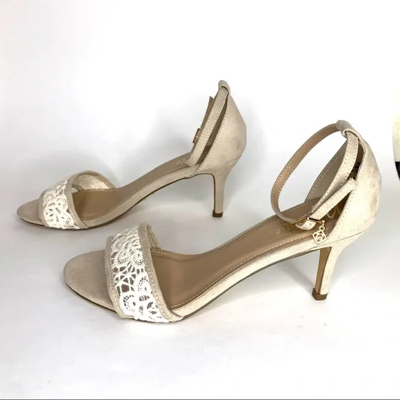 Nanette Lepore Ankle Strap Sandal ‘Beauty’ Heel Crochet Detail Faux Suede Tan 8 - Picture 5 of 14